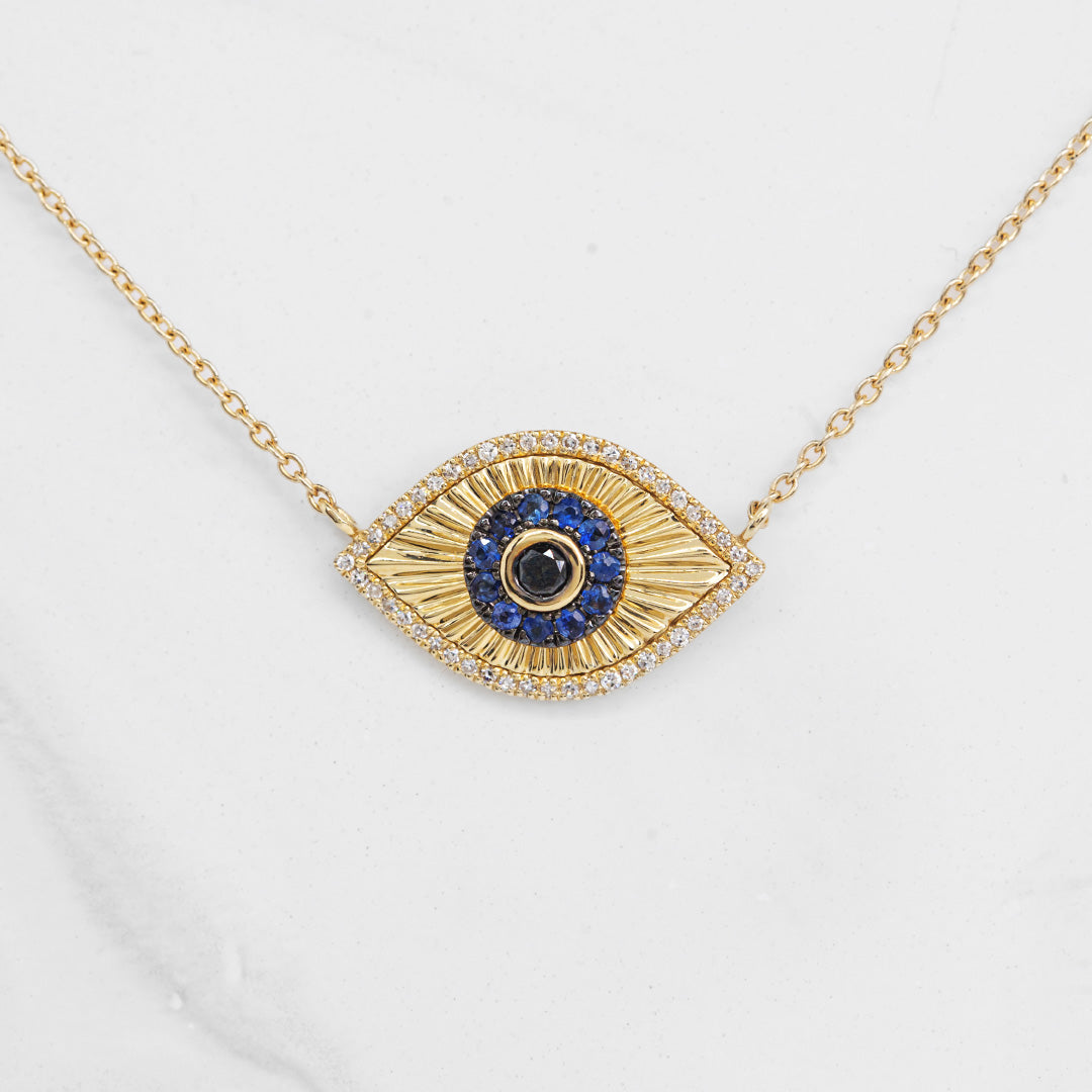 Fluted Sapphire and Diamond Evil Eye Necklace